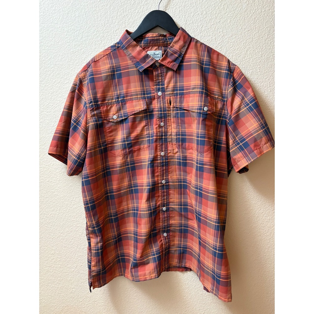 LL Bean Mens XL Regular Plaid Short Sleeve Button Down Shirt Orange Navy 513149